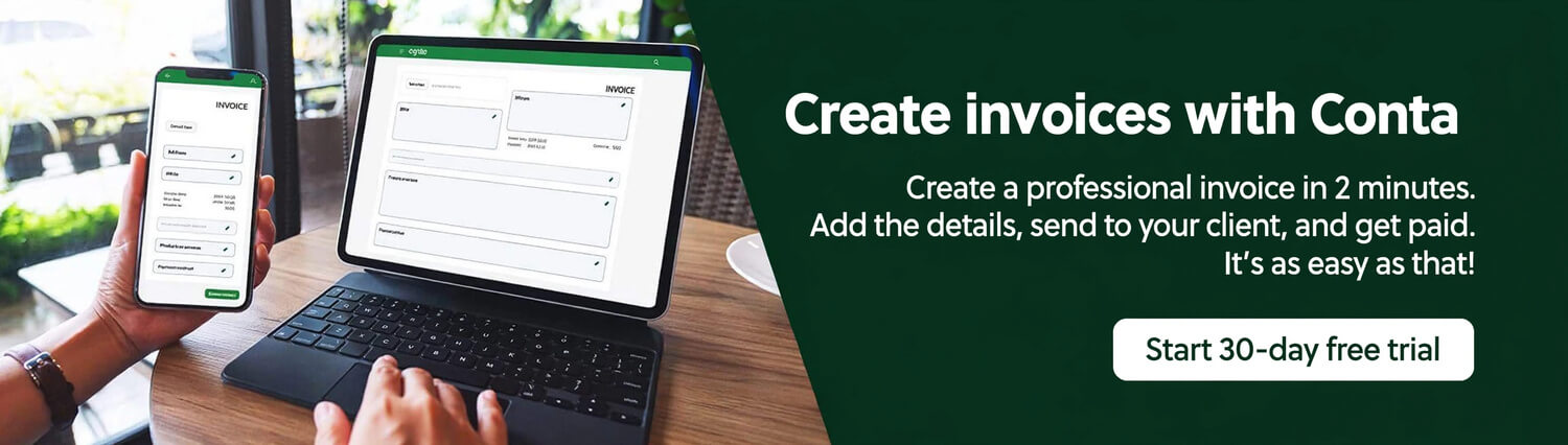 A person making an invoice with invoicing software Conta on their mobile and laptop
