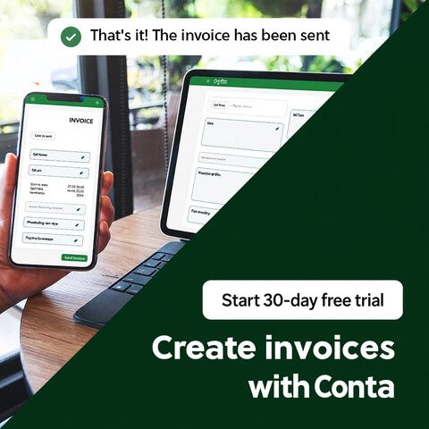 A person making an invoice with invoicing software Conta on their mobile and laptop