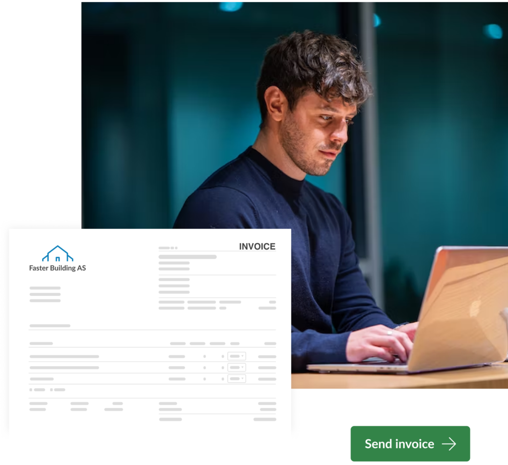 illustration of invoice from conta and photo of a person sitting next to a computer