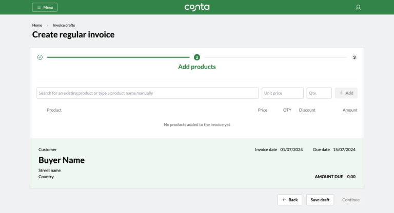 The invoice creator in Conta, showing how to make an invoice