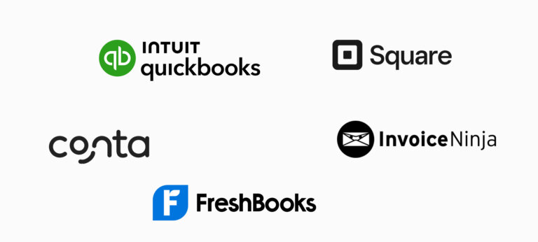 The logo of Quickbooks, Square, Conta, Invoice Ninja and Freshbooks