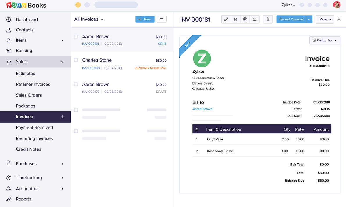 A screenshot of Zoho, an alternative to Quickbooks