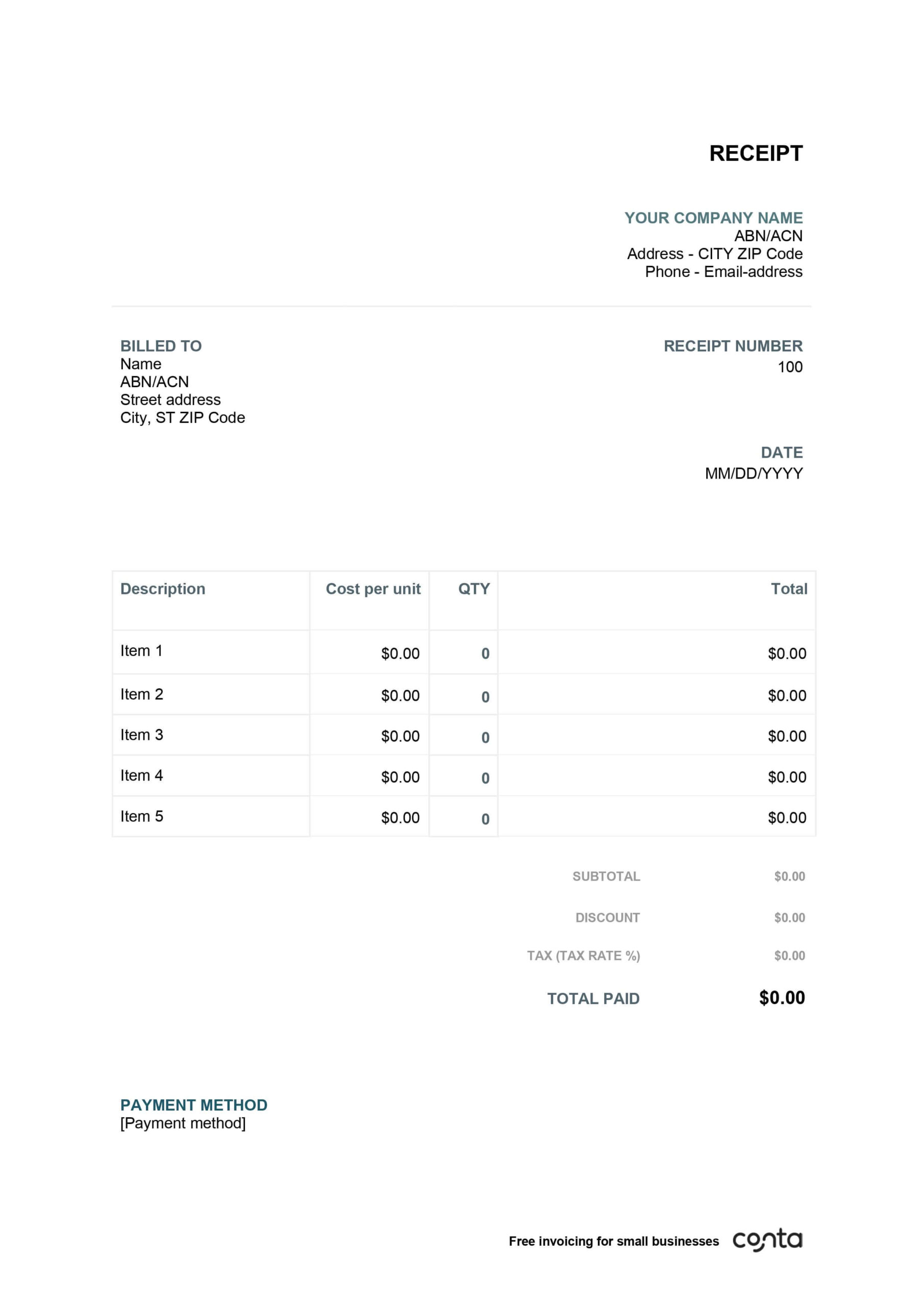 Conta Receipt Template for Word