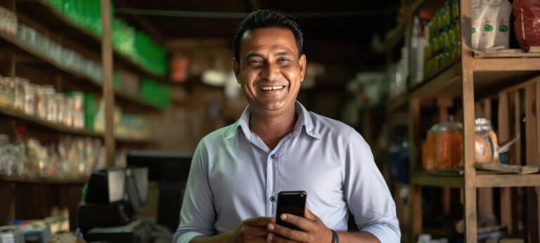 A smiling man, standing in a small store and holding a phone