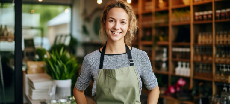 A smiling woman with an apron, standing in a store and looking at the camera