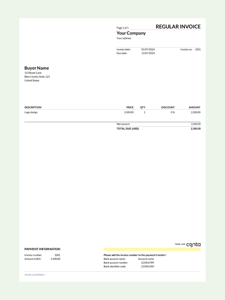 Invoice example made in the free invoice software Conta