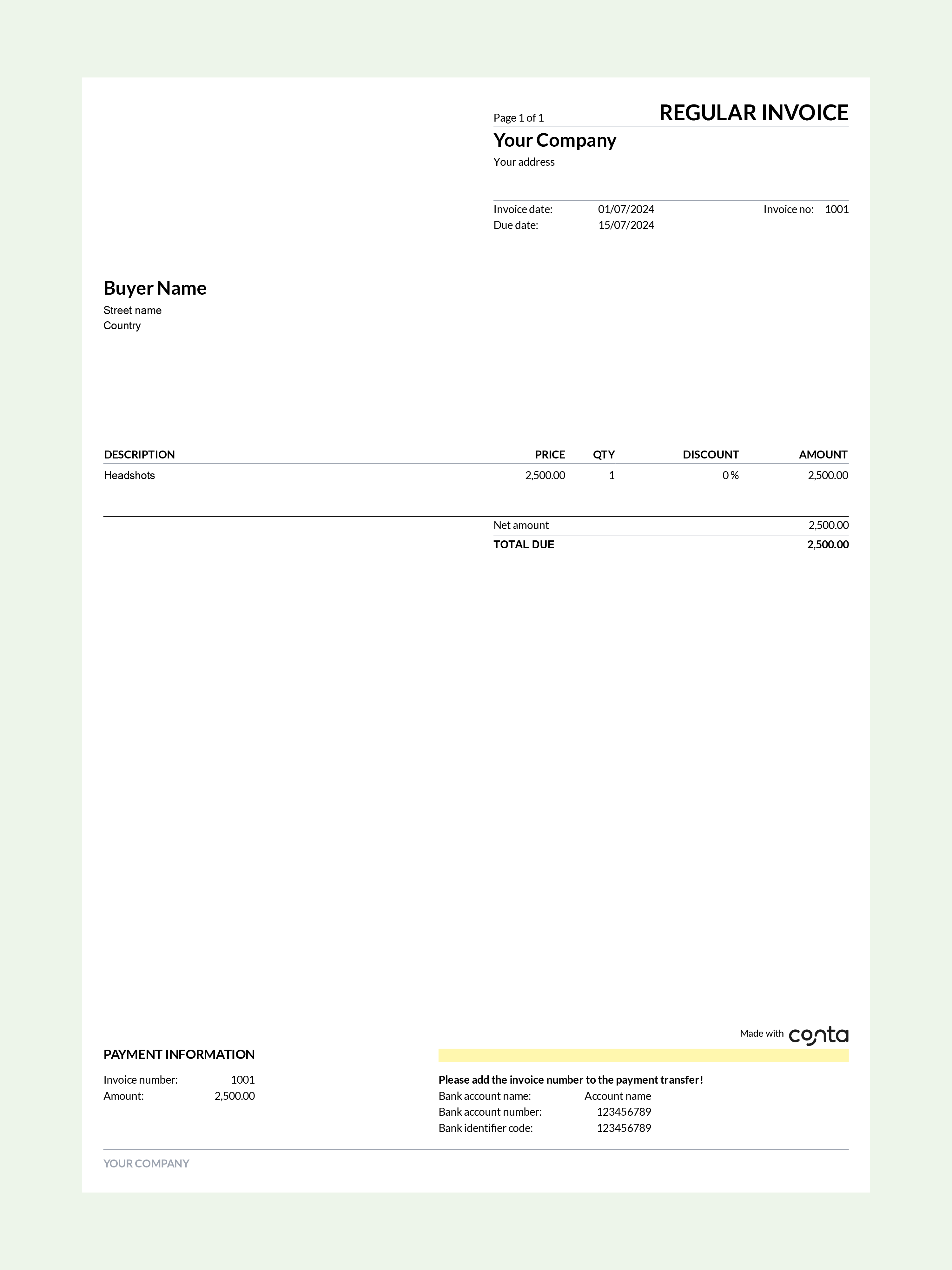 An example invoice created using the free invoice software Conta