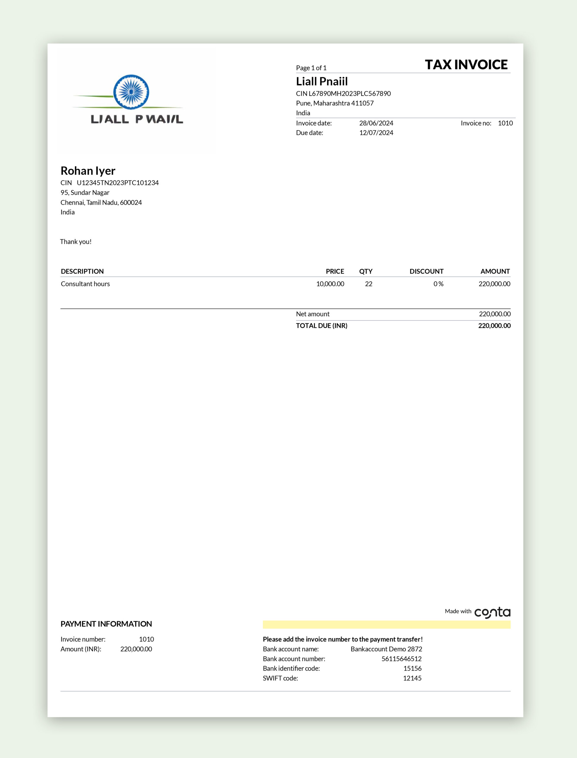 invoice made with conta india