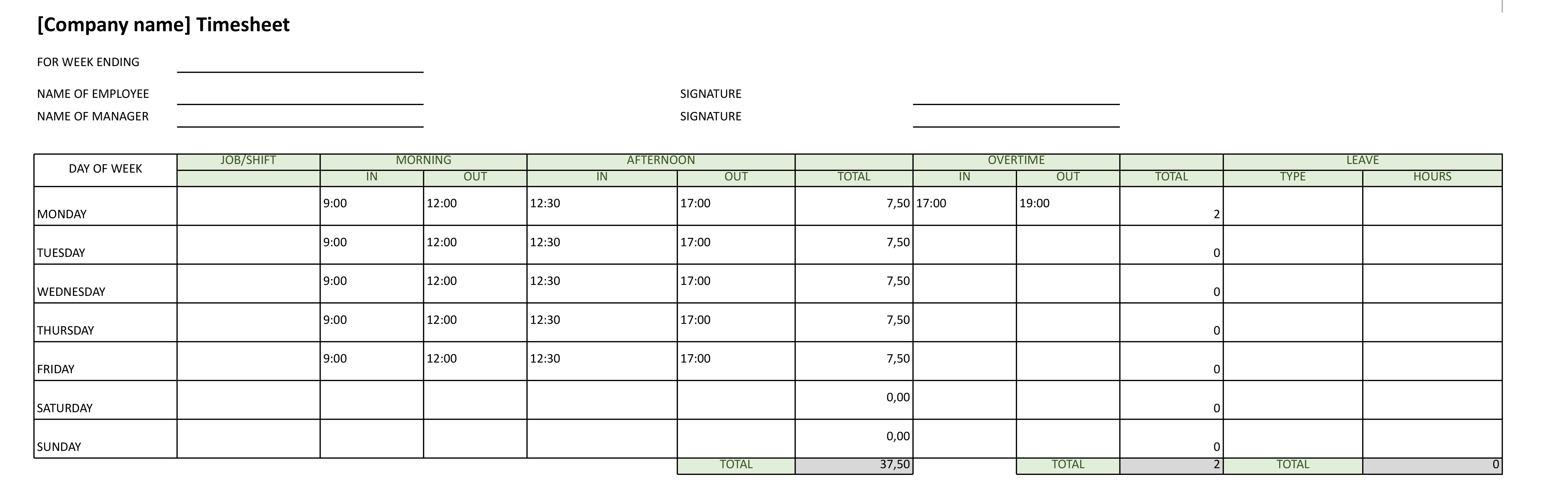 Timesheet template example