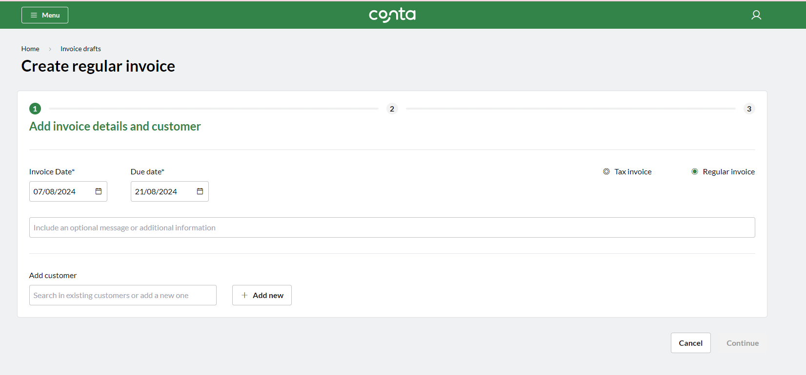 screenshot of how to create an invoice in conta