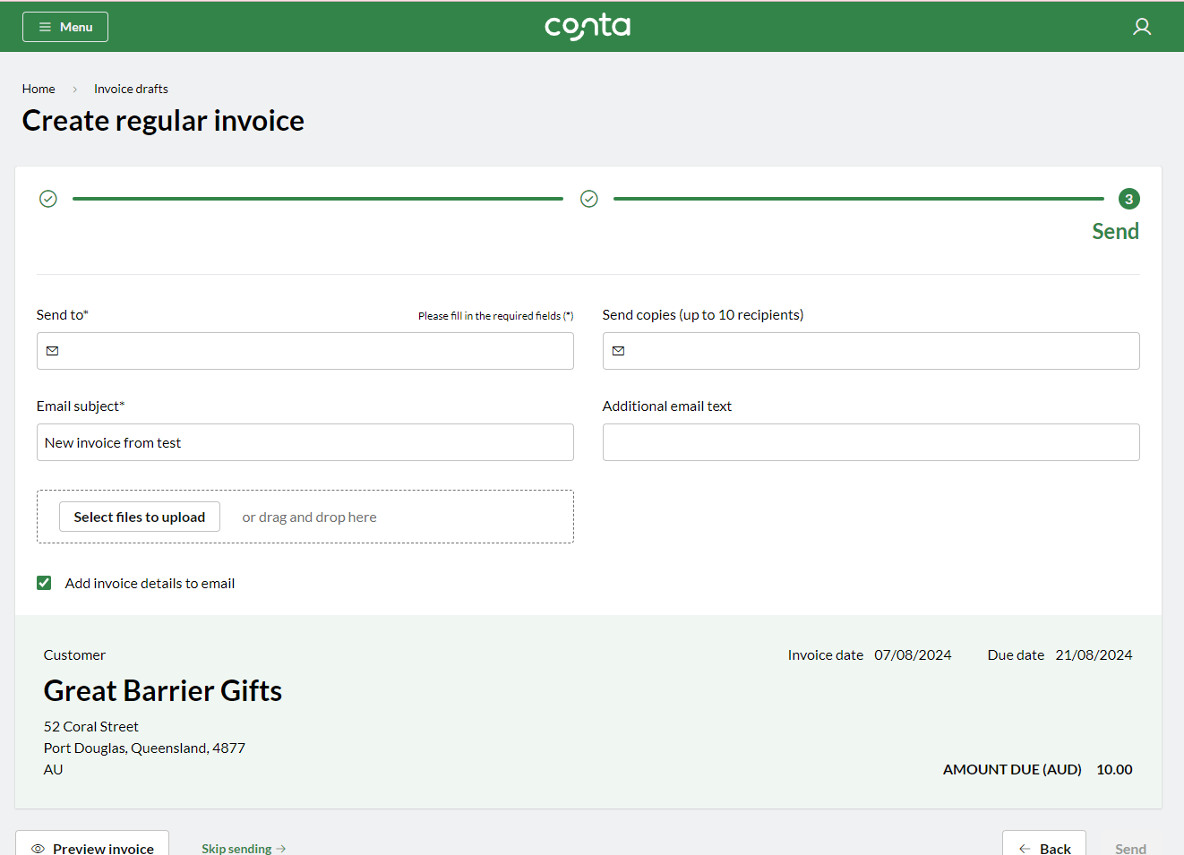 screenshot of how to send an invoice in conta