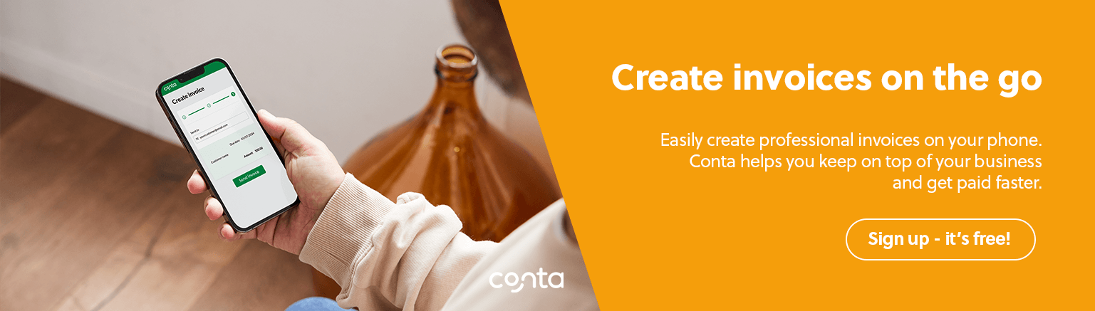 A banner showing that you can create invoices on the go with Conta