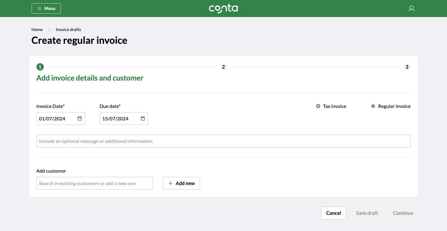 The page in the billing system Conta where you can add your invoice details and customer