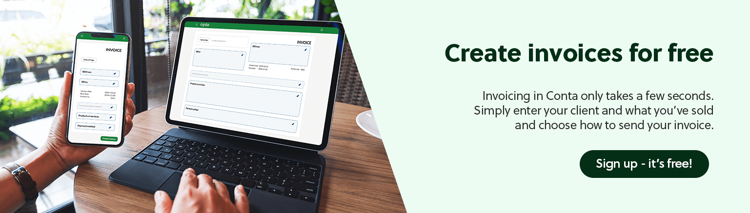 A person making an invoice with the free invoicing software Conta on their mobile and laptop