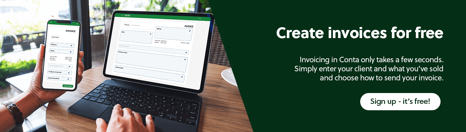 A person making an invoice with the free invoicing software Conta on their mobile and laptop