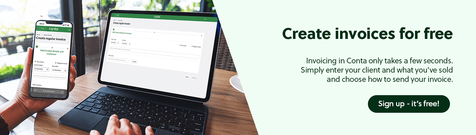 A person making an invoice with Conta on their phone and laptop