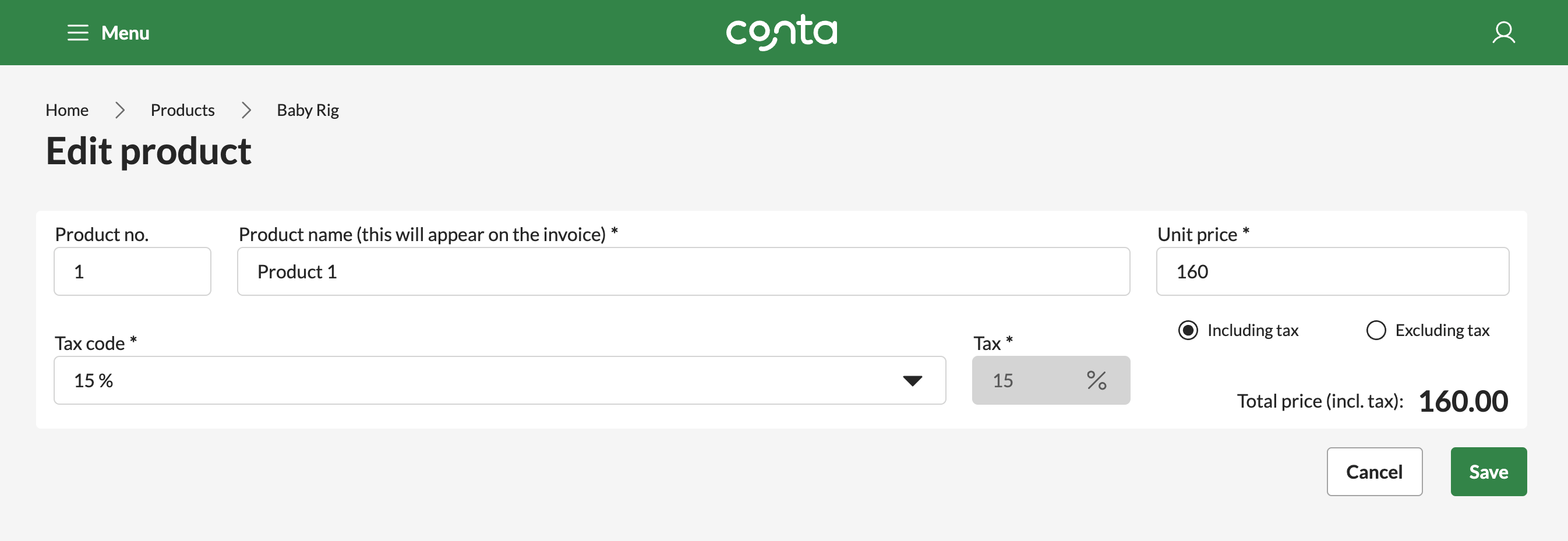 Editing a product in the product catalog in Conta