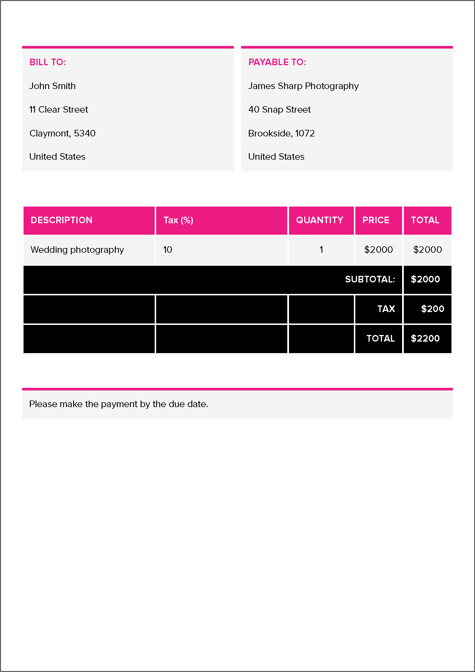 Example of an invoice made with the free invoice generator Canva