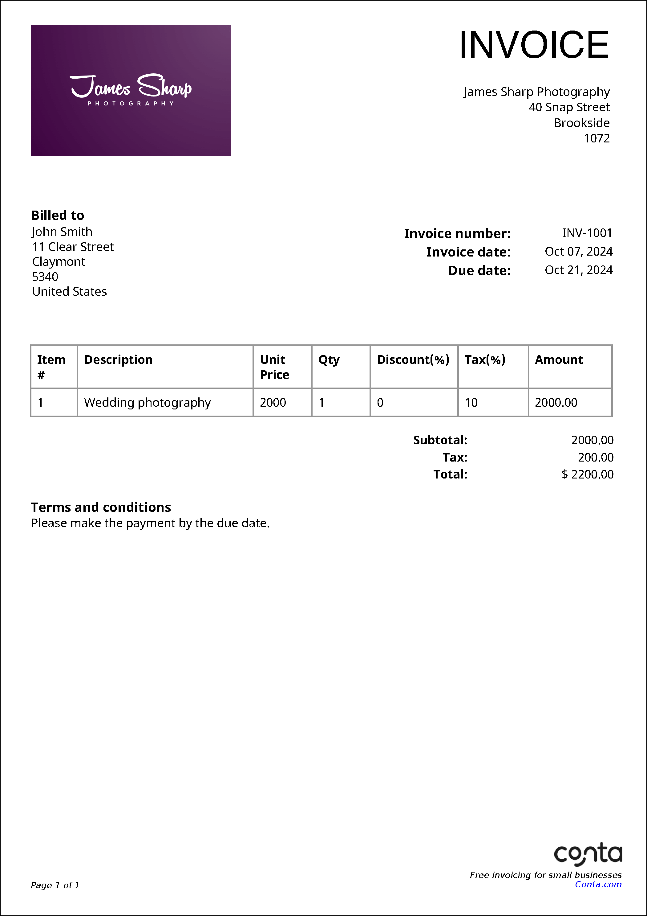 An example invoice made with the free invoice generator from Conta