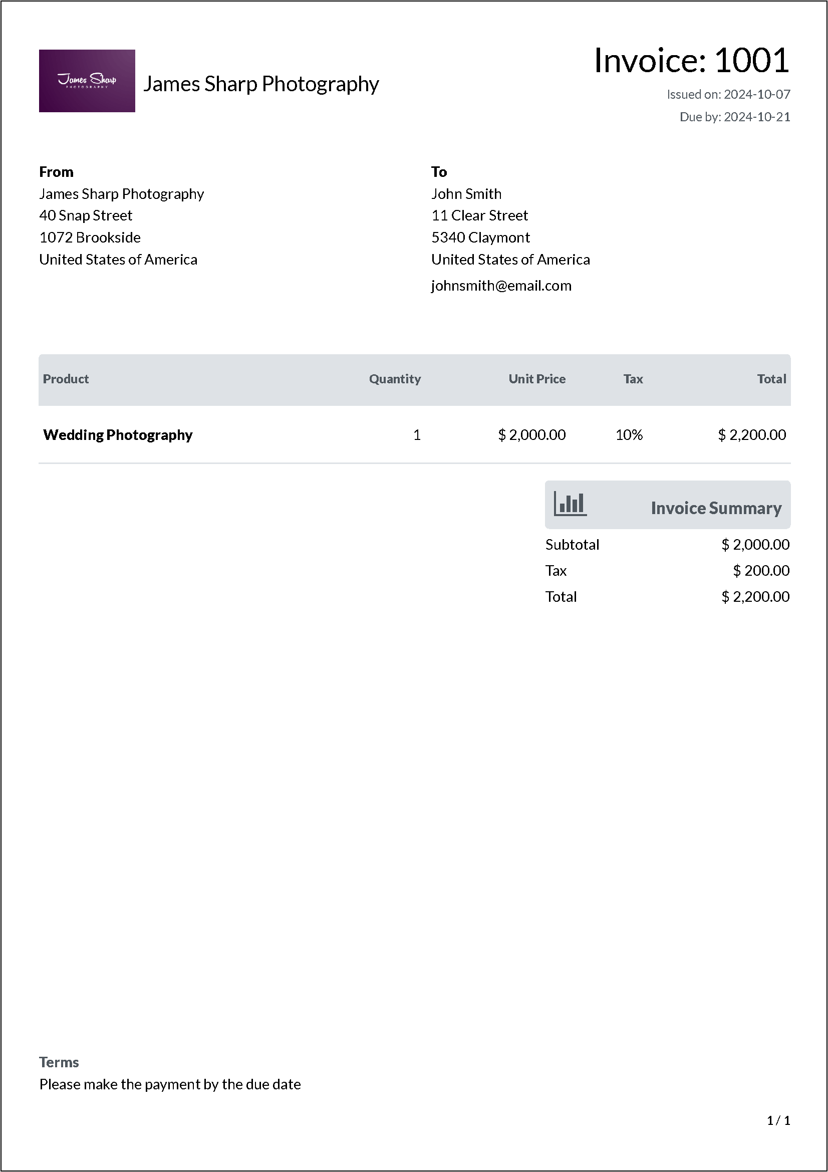 Example of an invoice made with the free invoice generator Free Invoice Builder