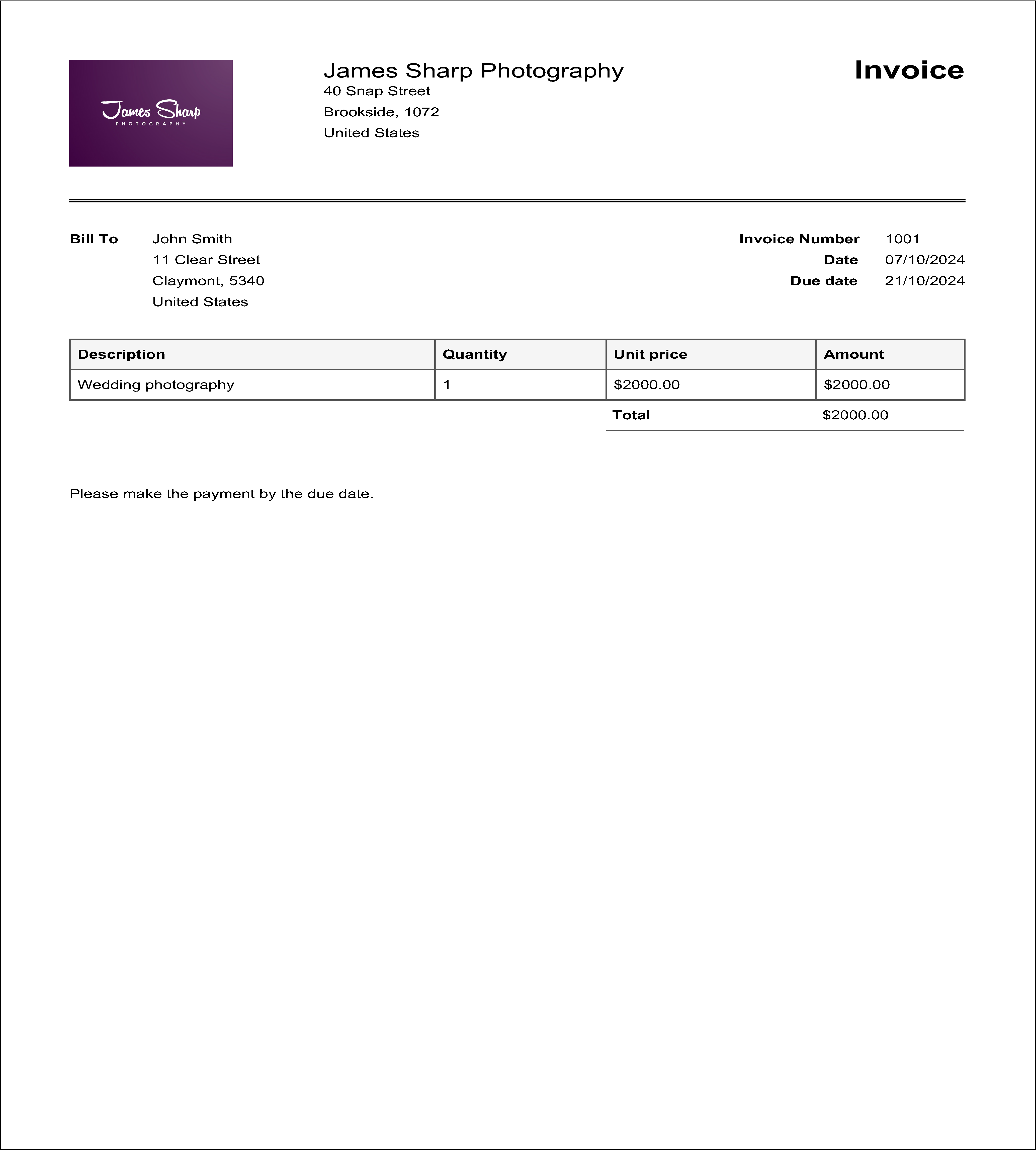 Example of an invoice made with the free invoice generator Online Invoices