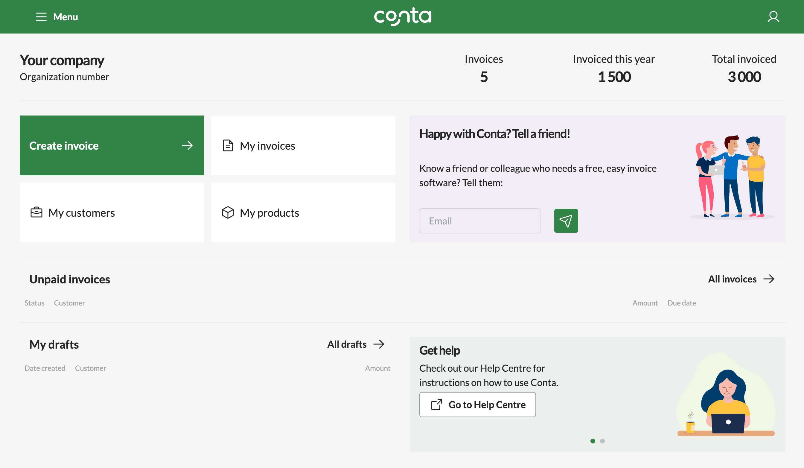 The homepage in Conta, a free billing system