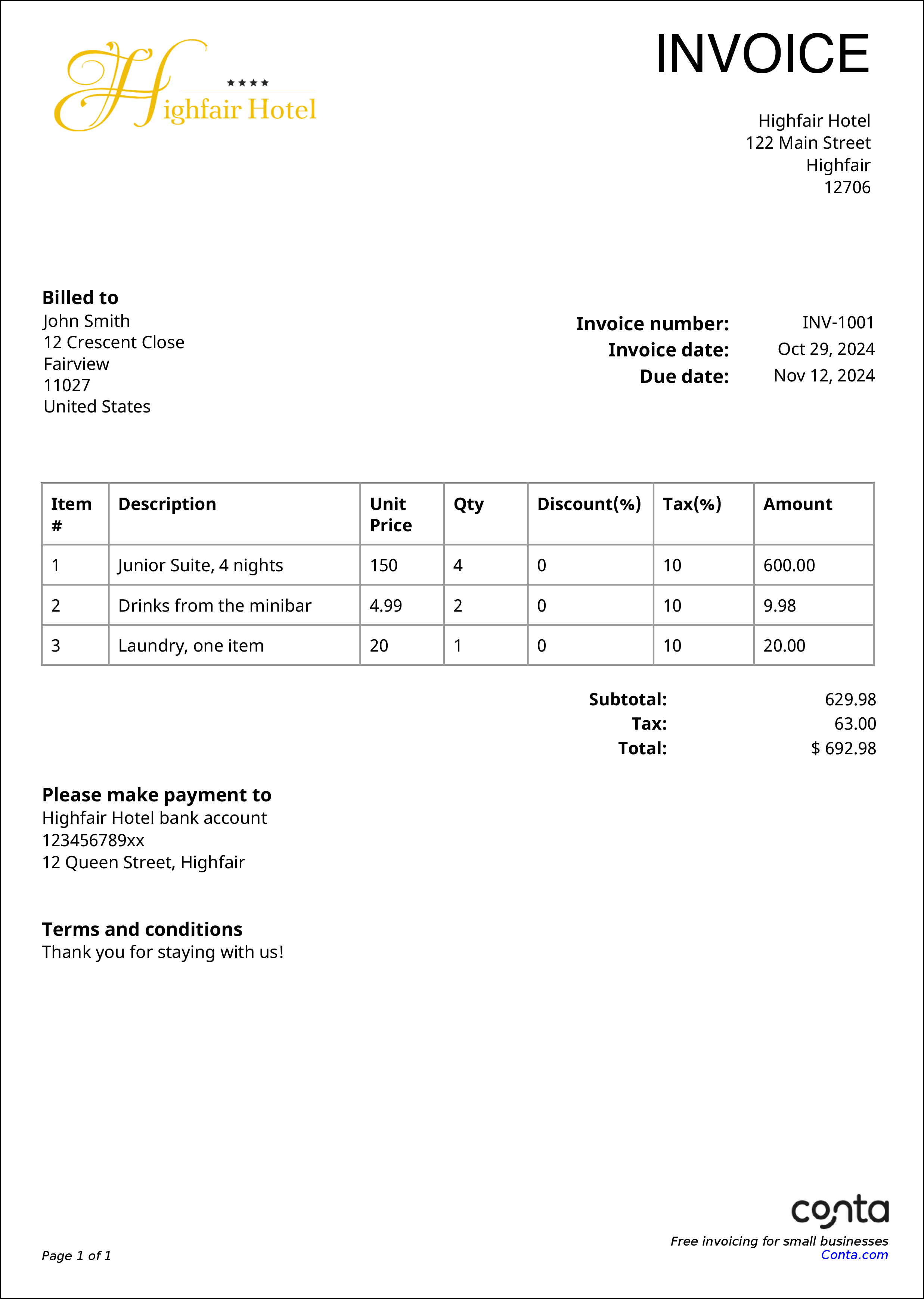 An example of a hotel invoice made with the free hotel invoice generator from Conta