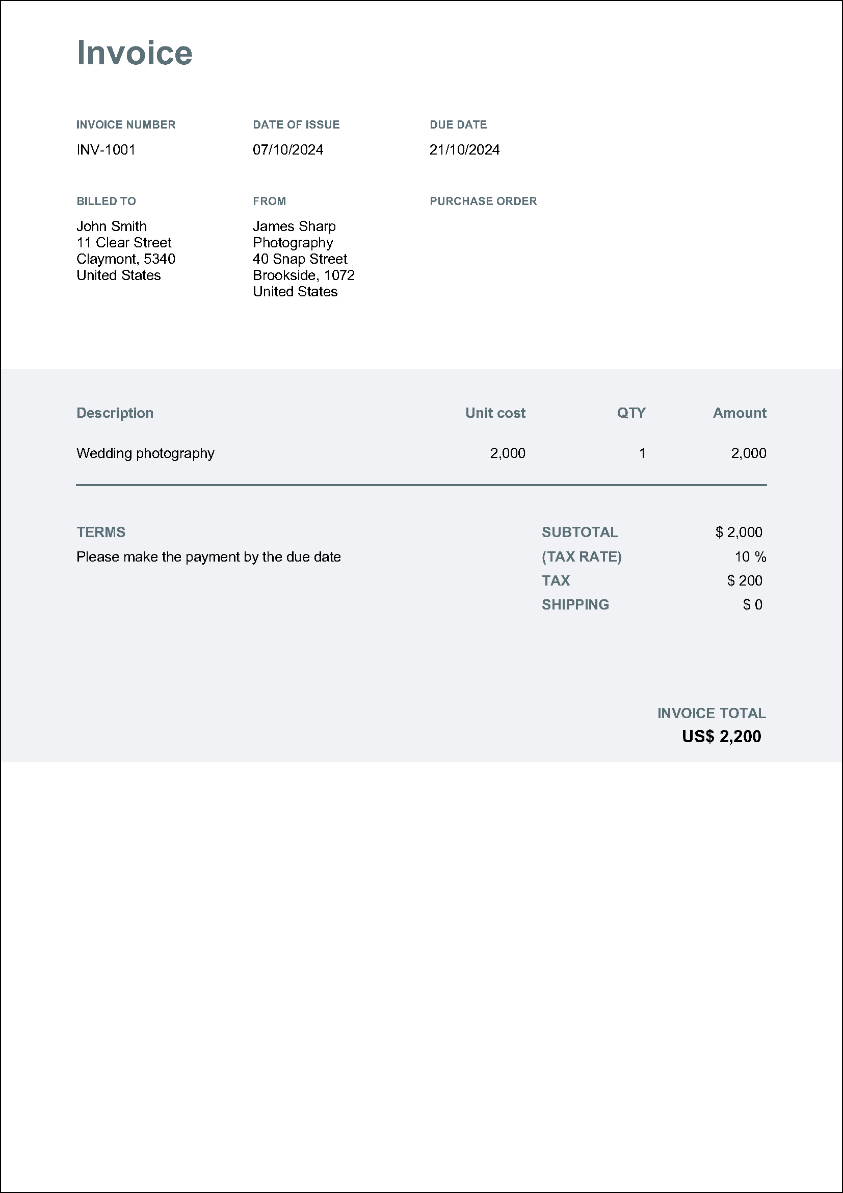 Example of an invoice made with the free invoice generator Wise