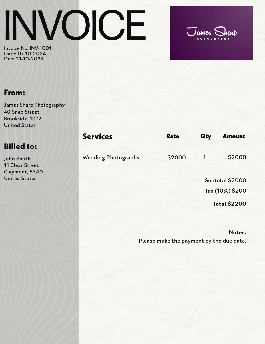 Example of an invoice made with the free invoice generator Adobe