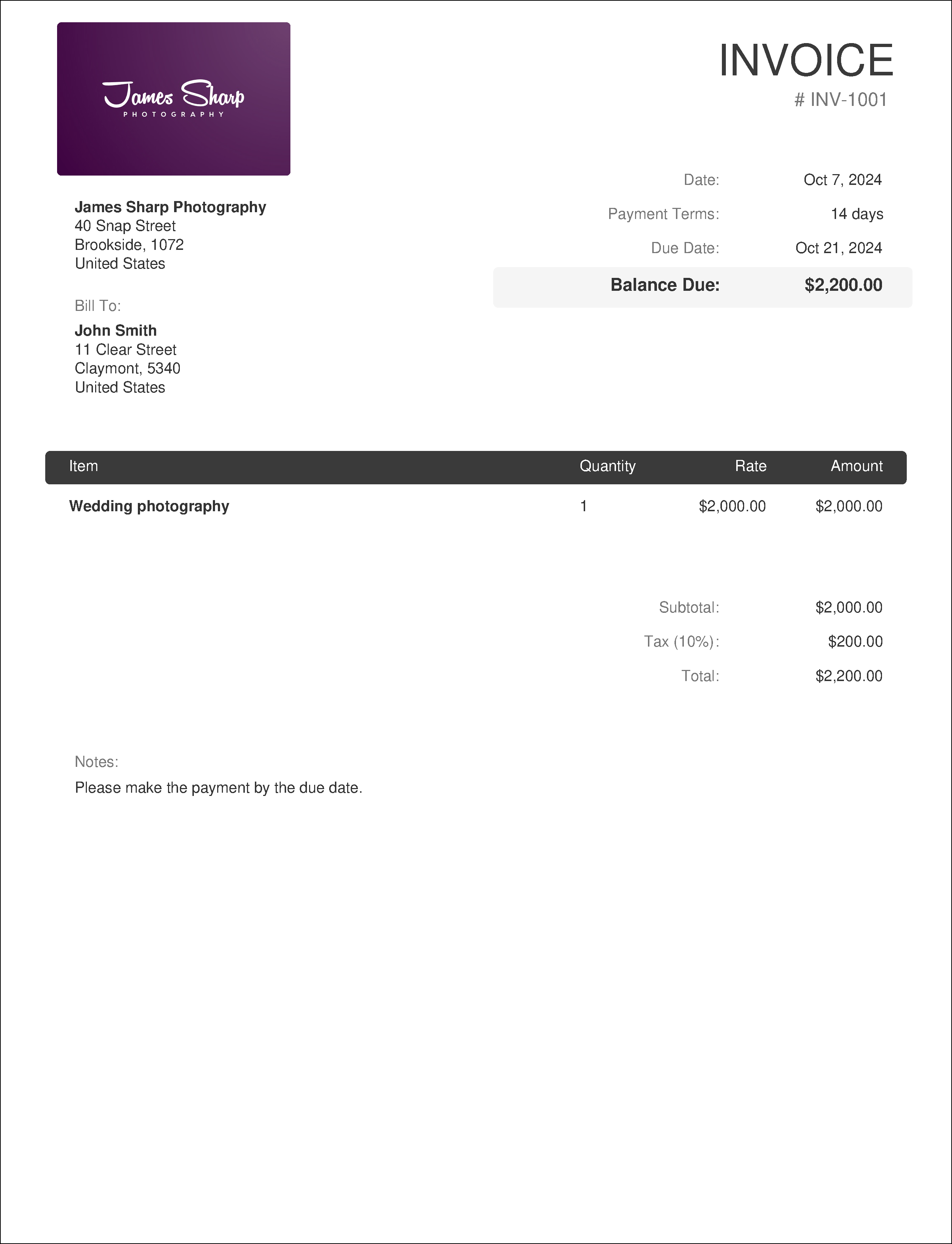 Example of an invoice made with the free invoice generator Invoice-Generator