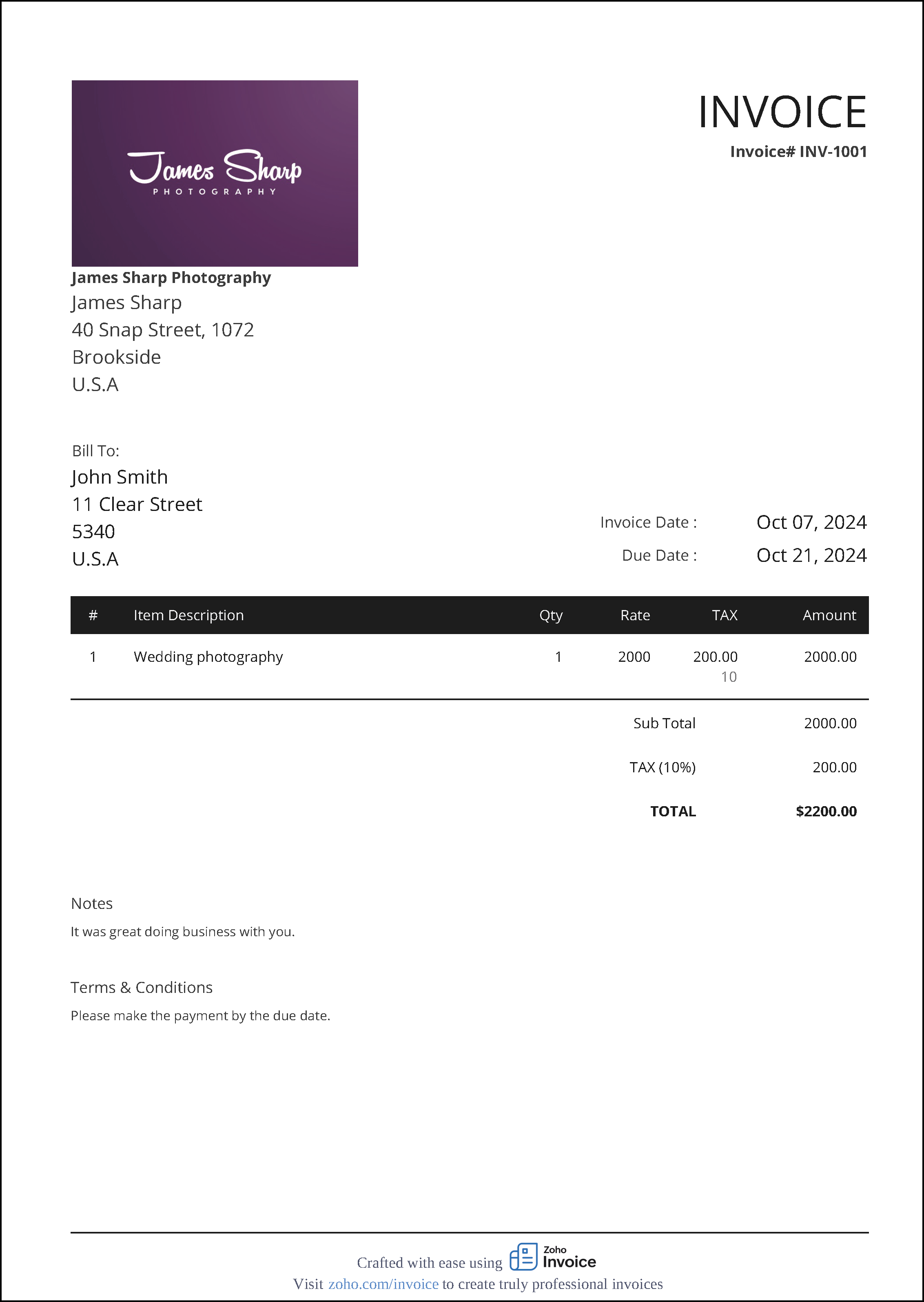 An example of an invoice made using the free invoice generator from Zoho