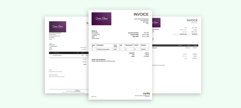 Example of invoices made with invoice generator (Conta, Zoho, Invoice-Generator)