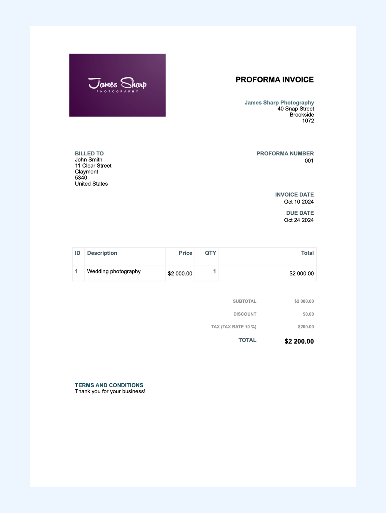 An example of a proforma invoice