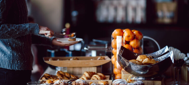 A breakfast buffet at a hotel