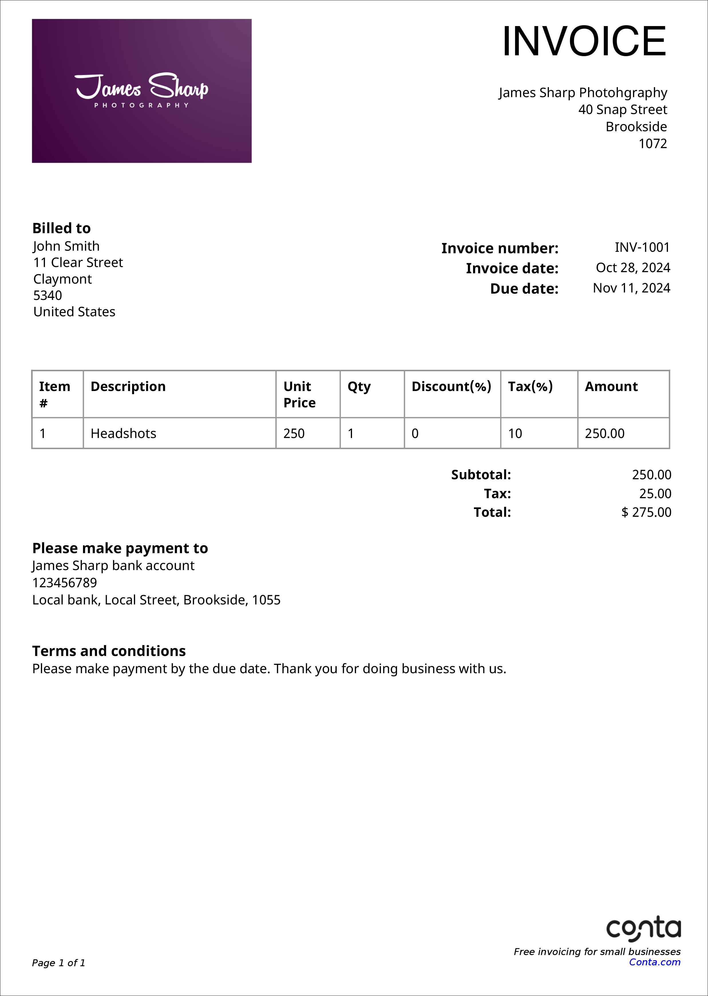 An invoice generated with the free invoice generator from Conta