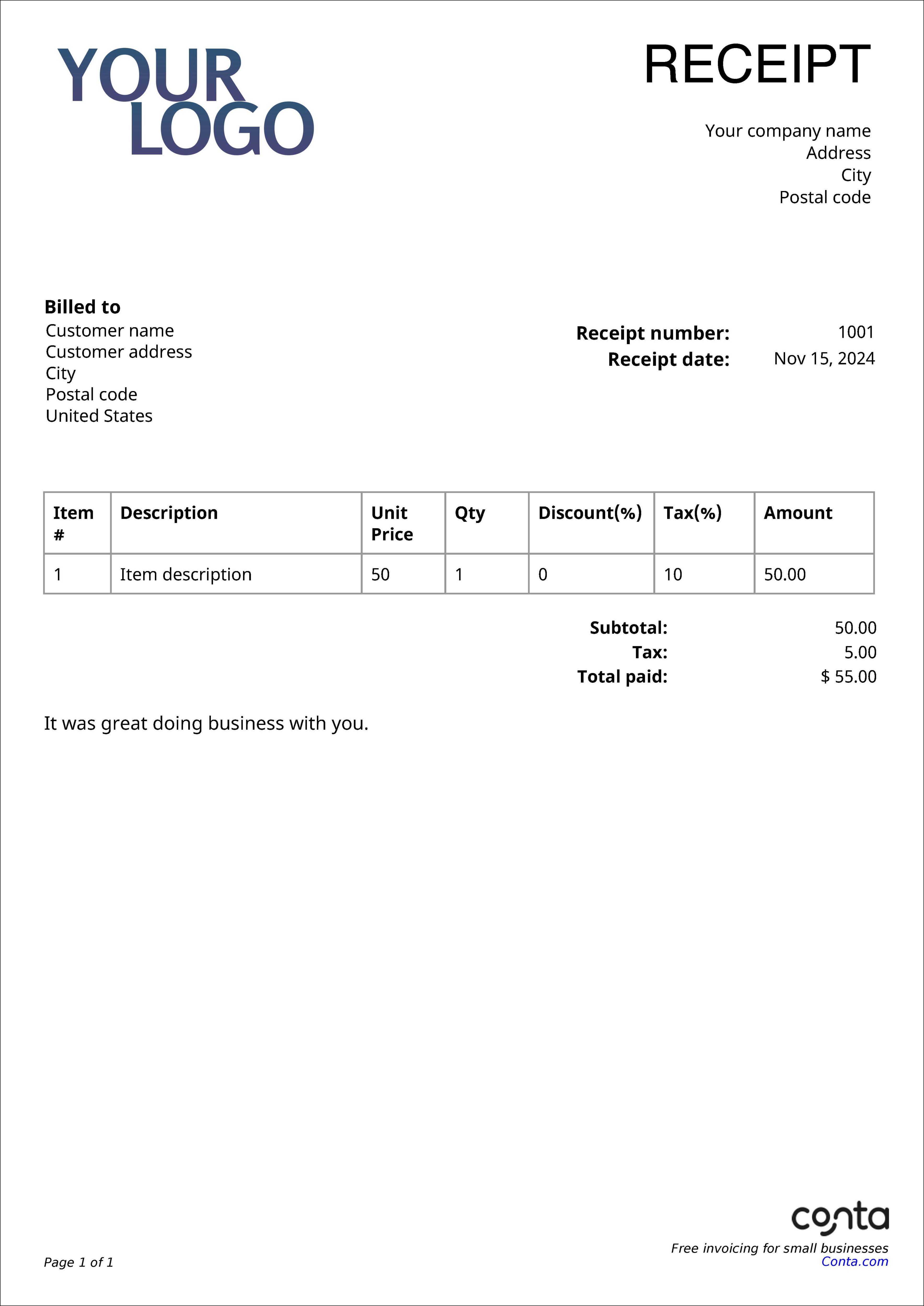 Example receipt made with the free receipt maker from Conta