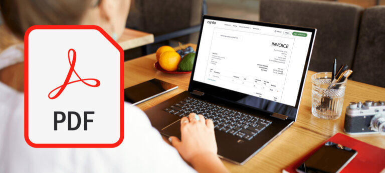 A woman making a PDF invoice with the free PDF invoice generator from Conta