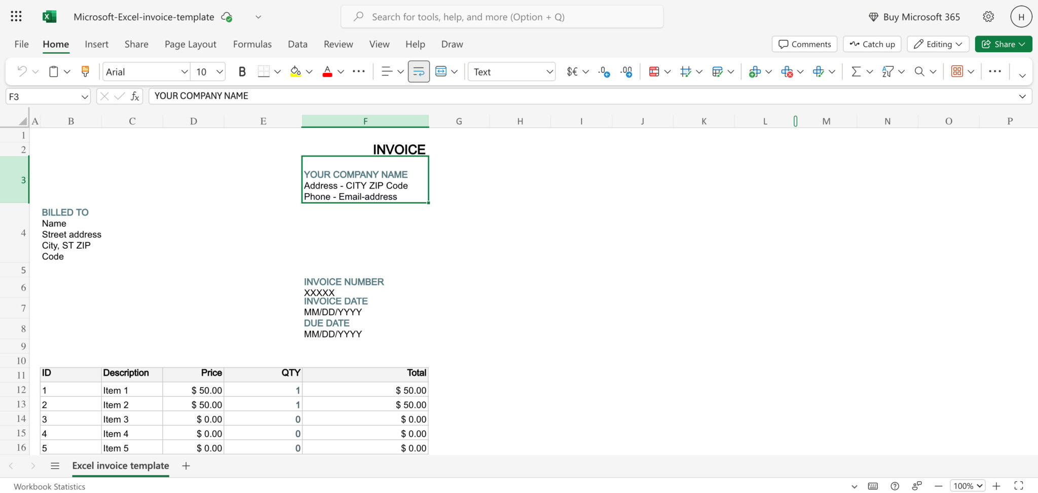 Creating an invoice in Excel