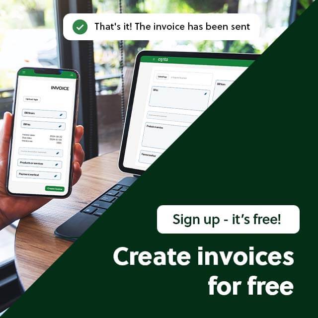 A person making an invoice with the free invoicing software Conta on their mobile and laptop