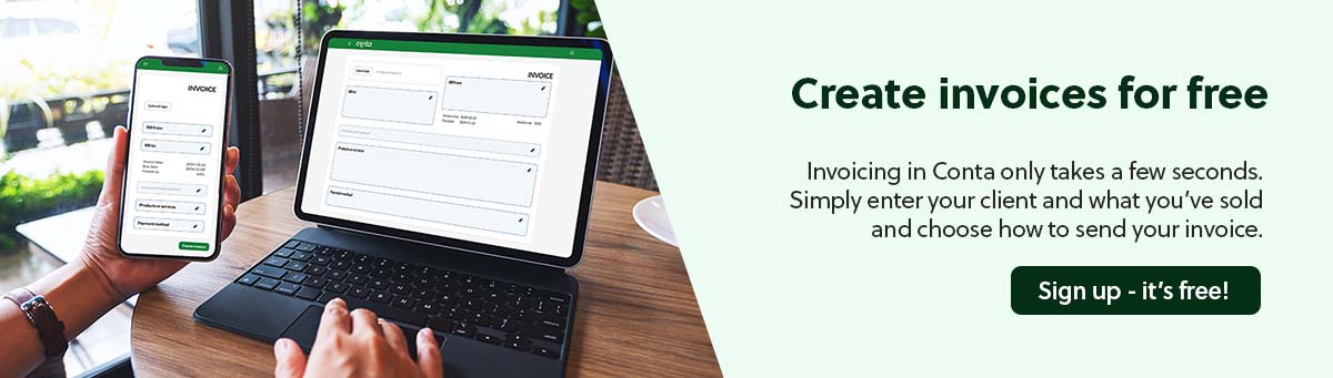A person making an invoice with the free invoicing software Conta on their mobile and laptop