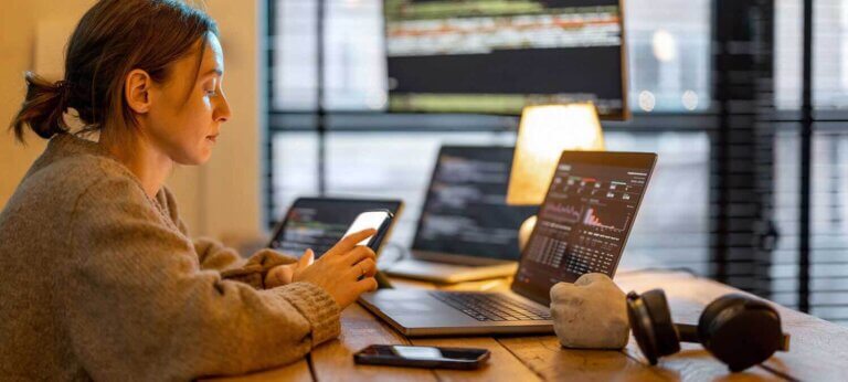 A woman working from her home office