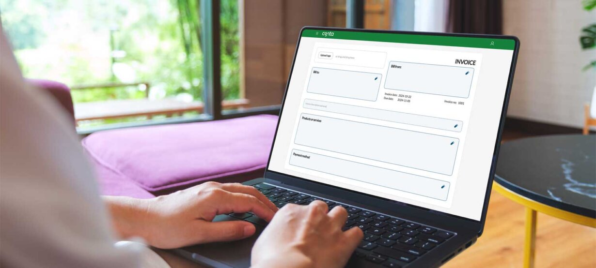 A woman wokring from home, creating an invoice using.the invoice software Conta