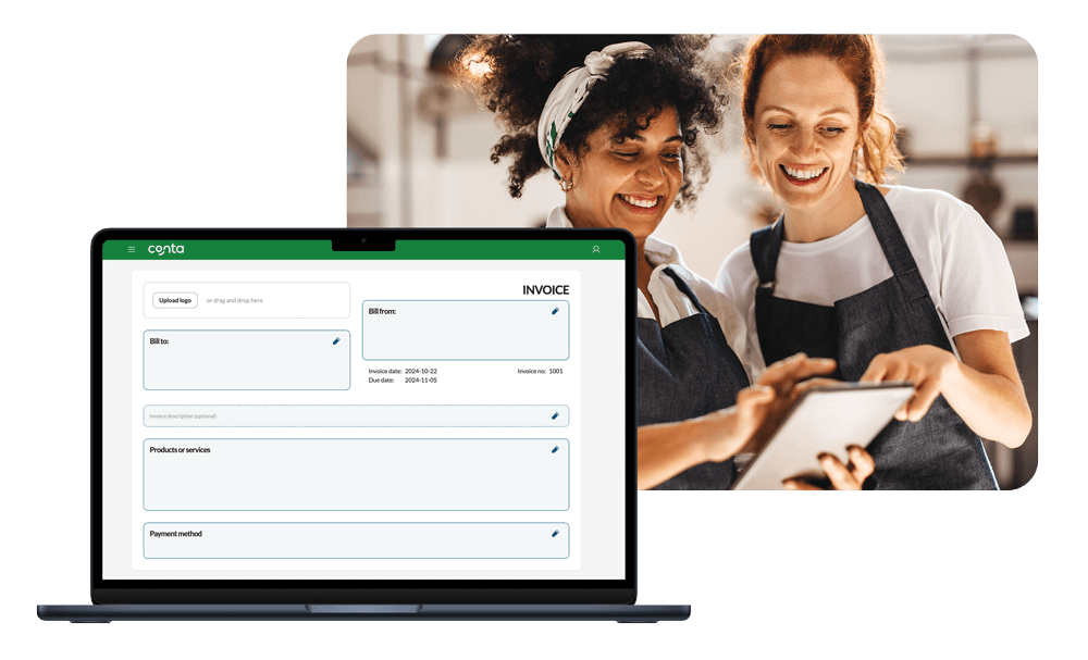 Two women making an invoice using the free restaurant bill maker