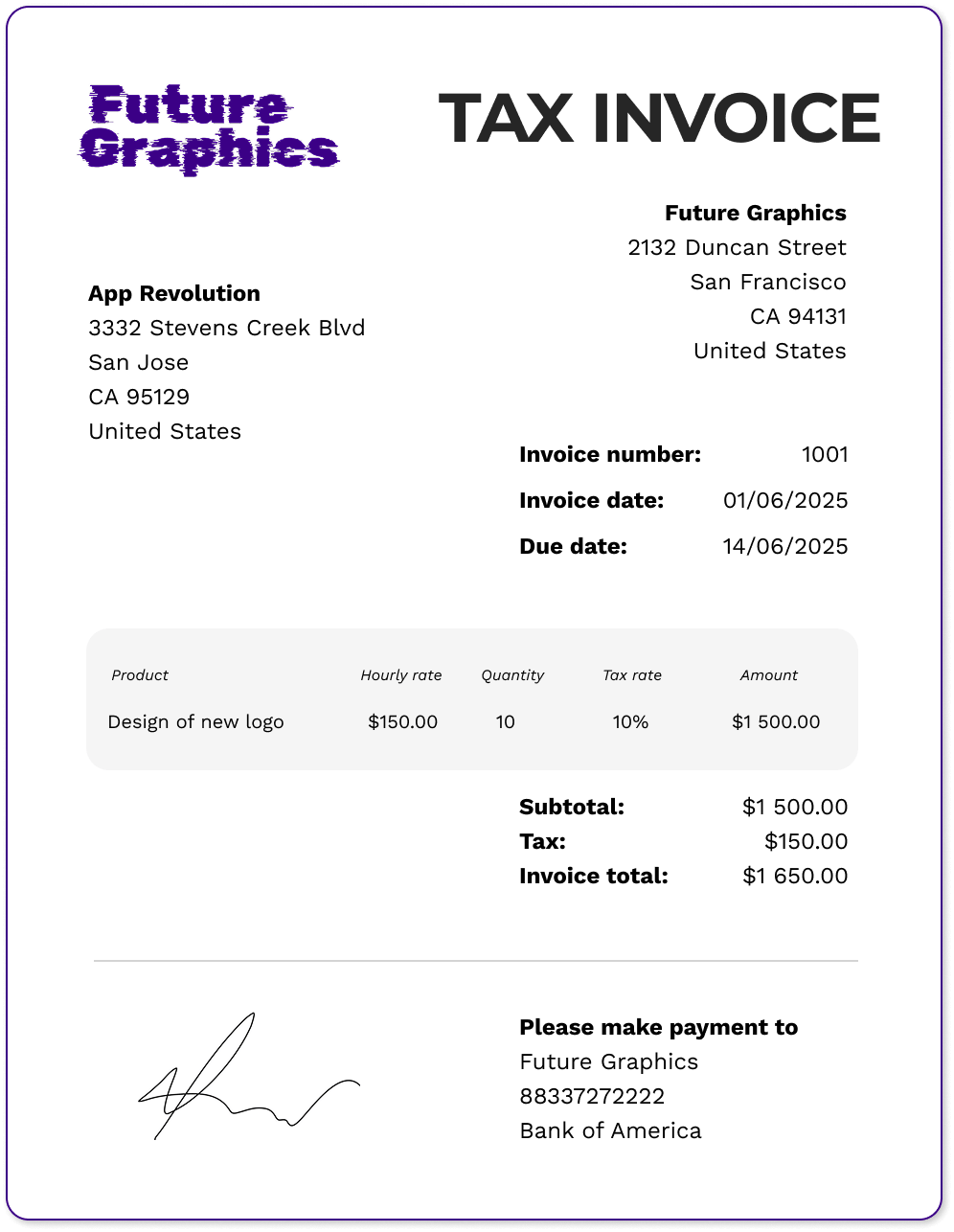 Sample invoice for self-employed graphic designer