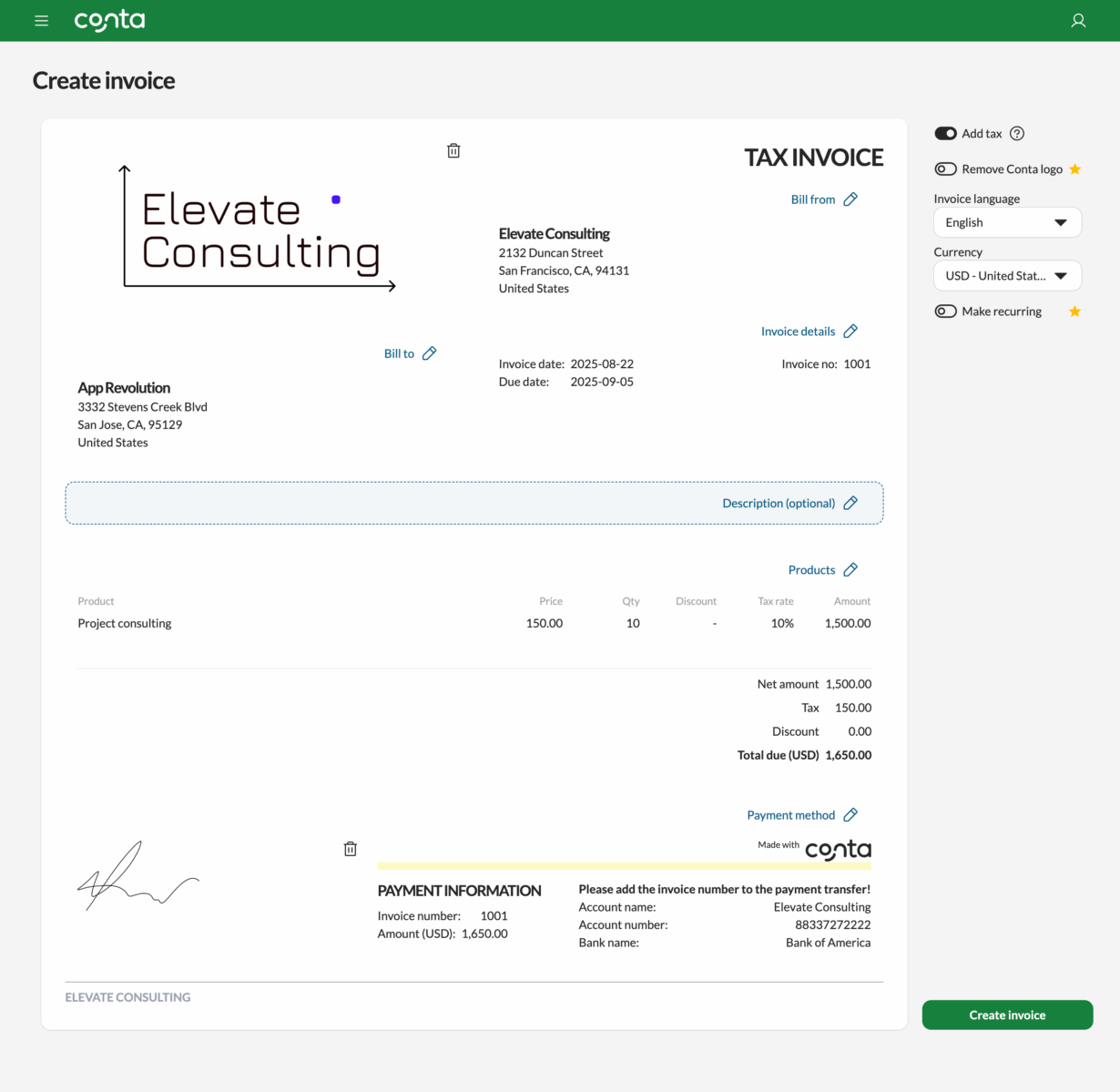 Creating an invoice with the billing system Conta
