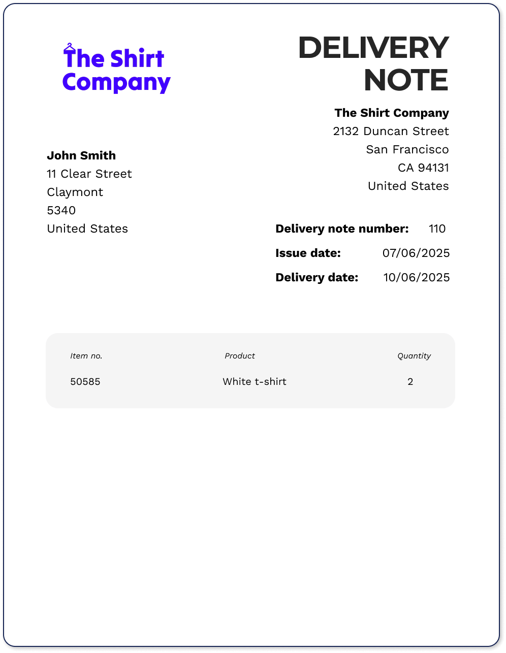 An example of a delivery note
