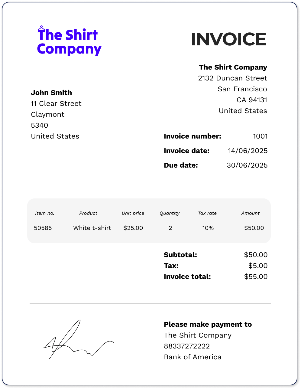 An example of an invoice attached to a delivery note
