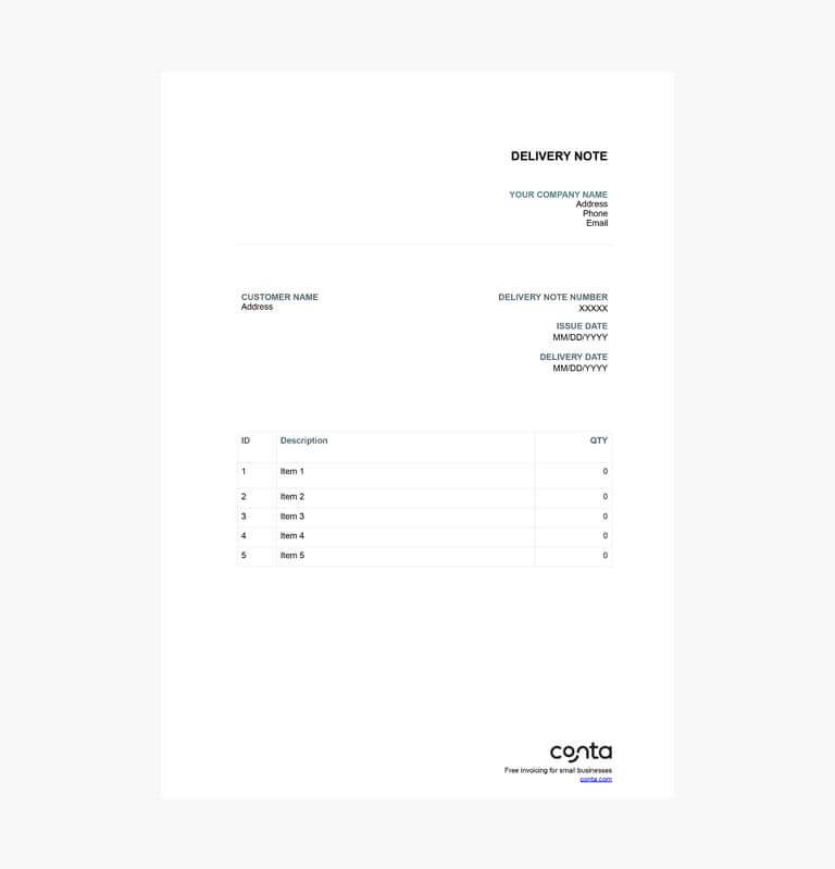 A delivery note made using a Word delivery note template