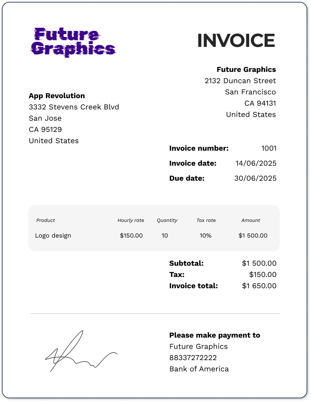 An example of a graphic design invoice template