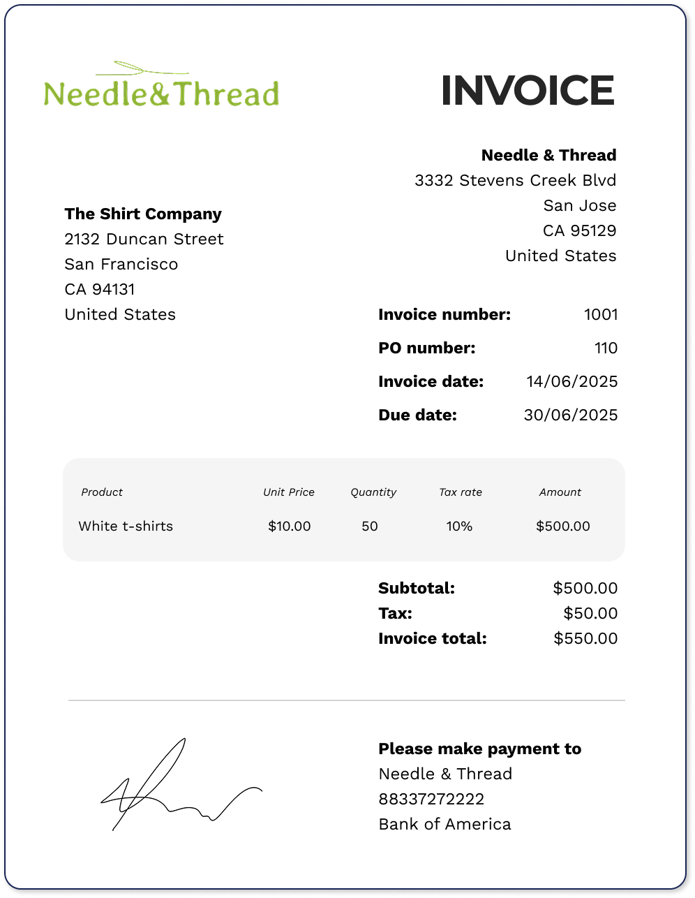 An example of an invoice attached to a purchase order